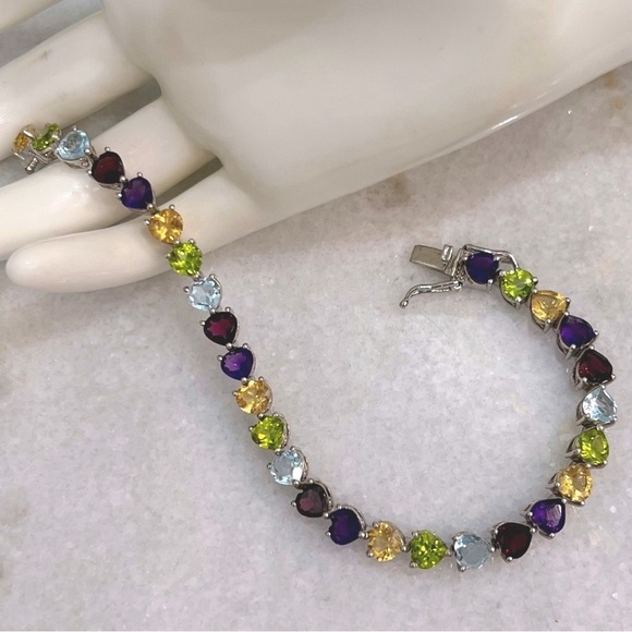 Multigemstone Sterling Silver Heart Tennis Bracelet - Picture 2 of 15